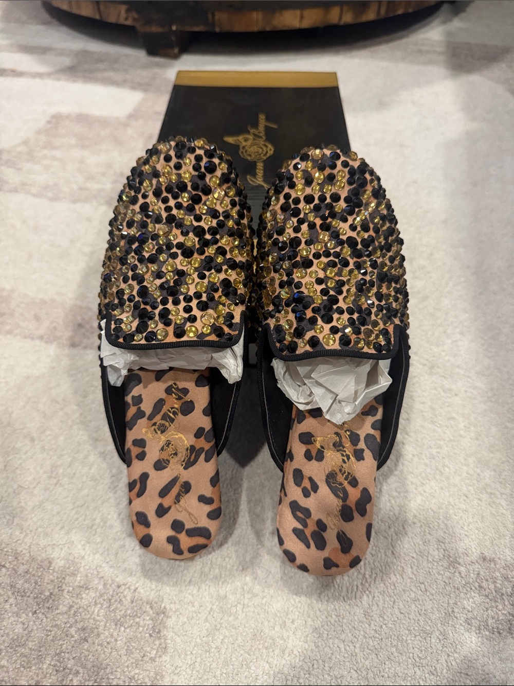 Joan Boyce Black and Gold Studded Leopard-Print Slide Loafers